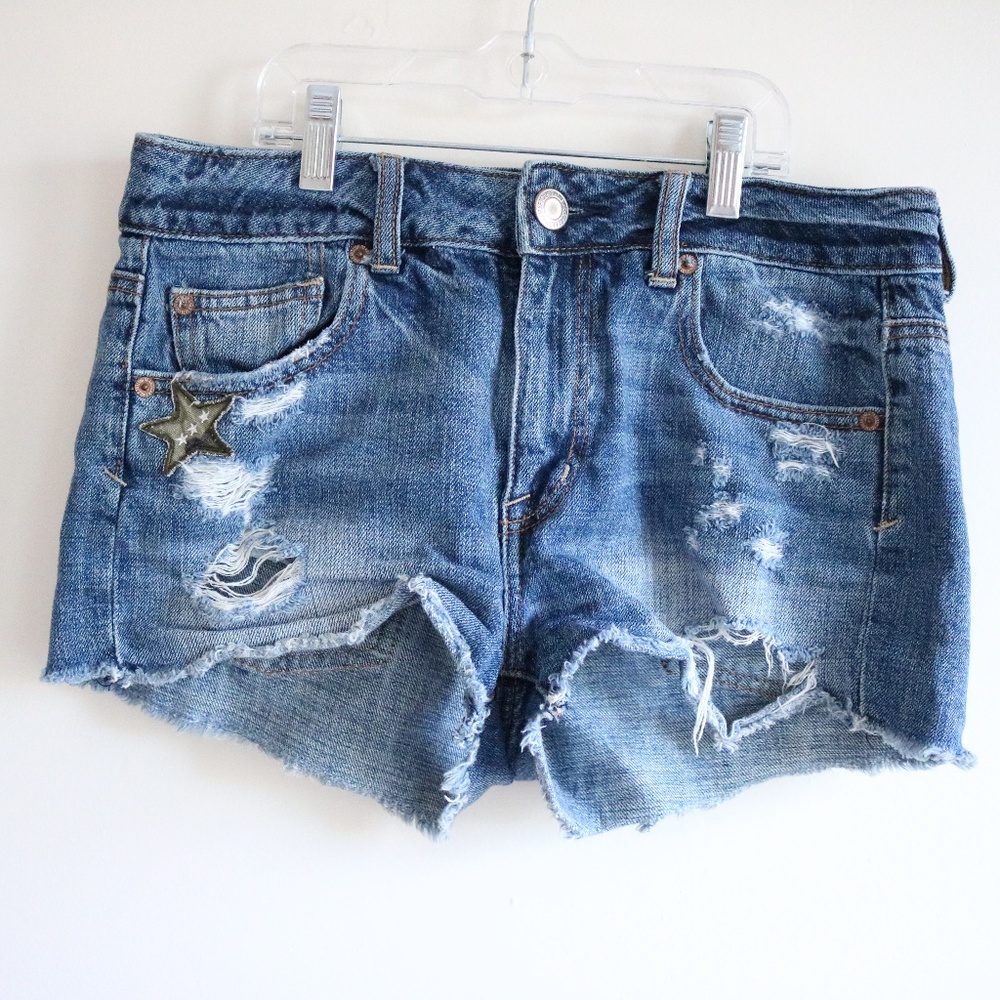 American Eagle Blue Denim Distressed Patch Jean Shorts